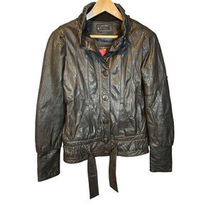 Numph Soft Black Leather Bomber Buttoned Belted Jacket Sz 38